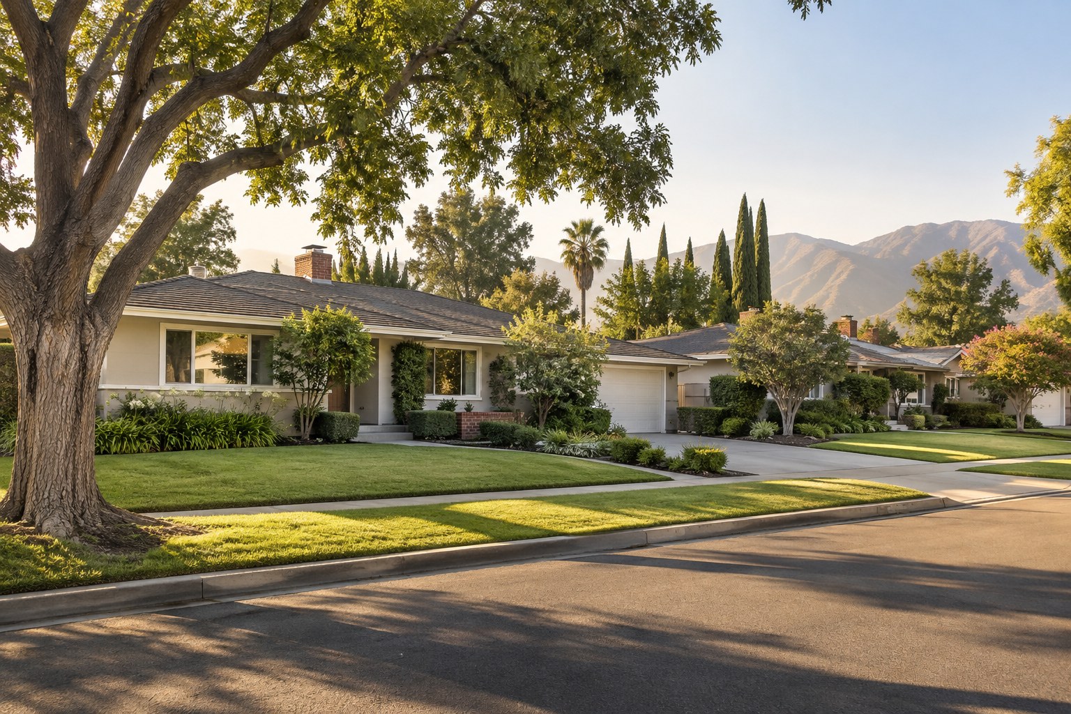 A quiet Southern California suburban street, illustrative