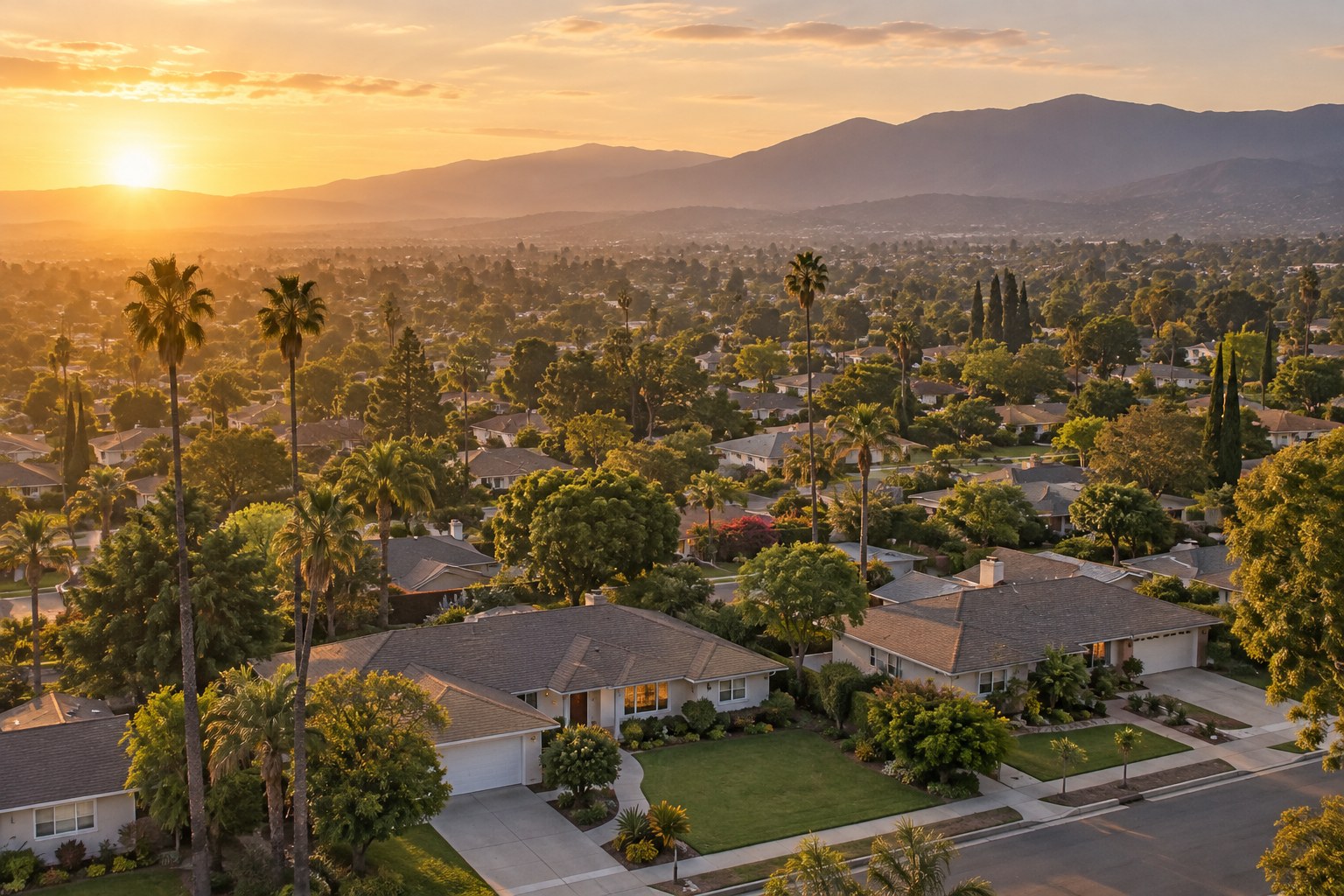 A Southern California suburban neighborhood at golden hour, illustrative